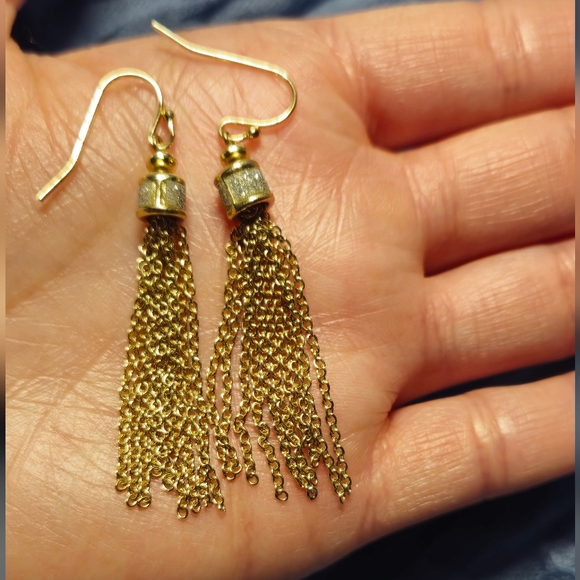 Trendy gold tone dangle chain earrings with band of sparkles at top - Picture 4 of 4